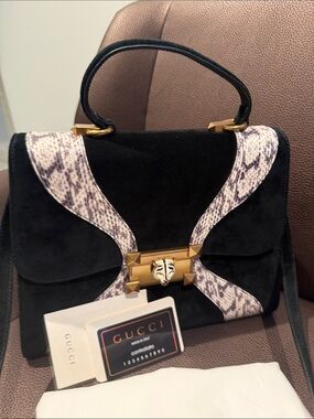 Gucci Black Suede Satchel with Snake-Print Trim and Gold Hardware